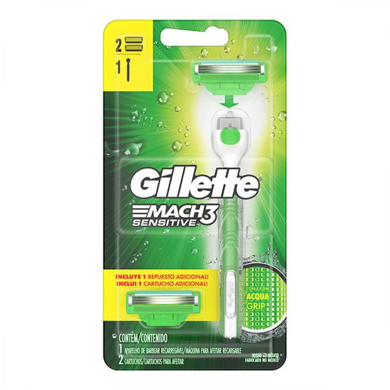 Aparelho Barbear Gillette Mach3 Sensitive Com 1 + 2 Laminas Acqua Grip Especial