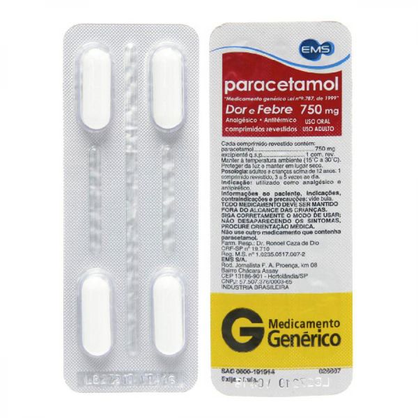 Paracetamol Ems 750mg Com 4 Comprimidos