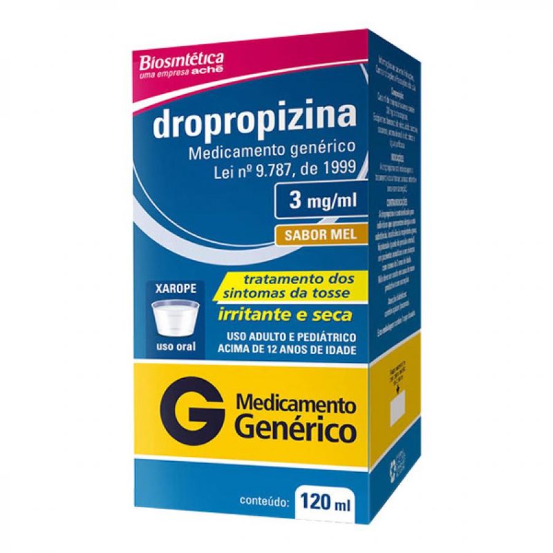 Caixa azul de Dropropizina Biosintética 3mg Xarope 120ml com faixa amarela indicativa de remédio genérico