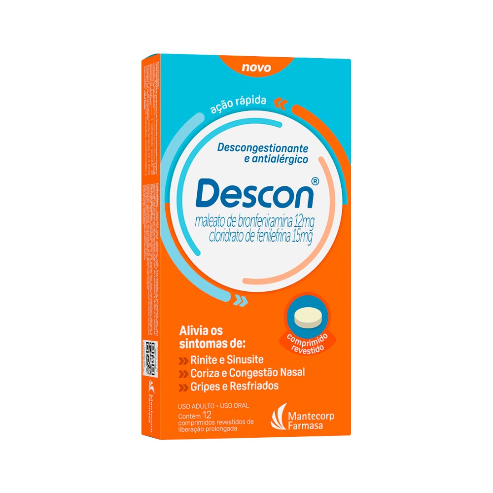 Descon Maleato De Bronfeniramina 12mg + Cloridrato De Fenilefrina 15mg Com 12 Comprimidos