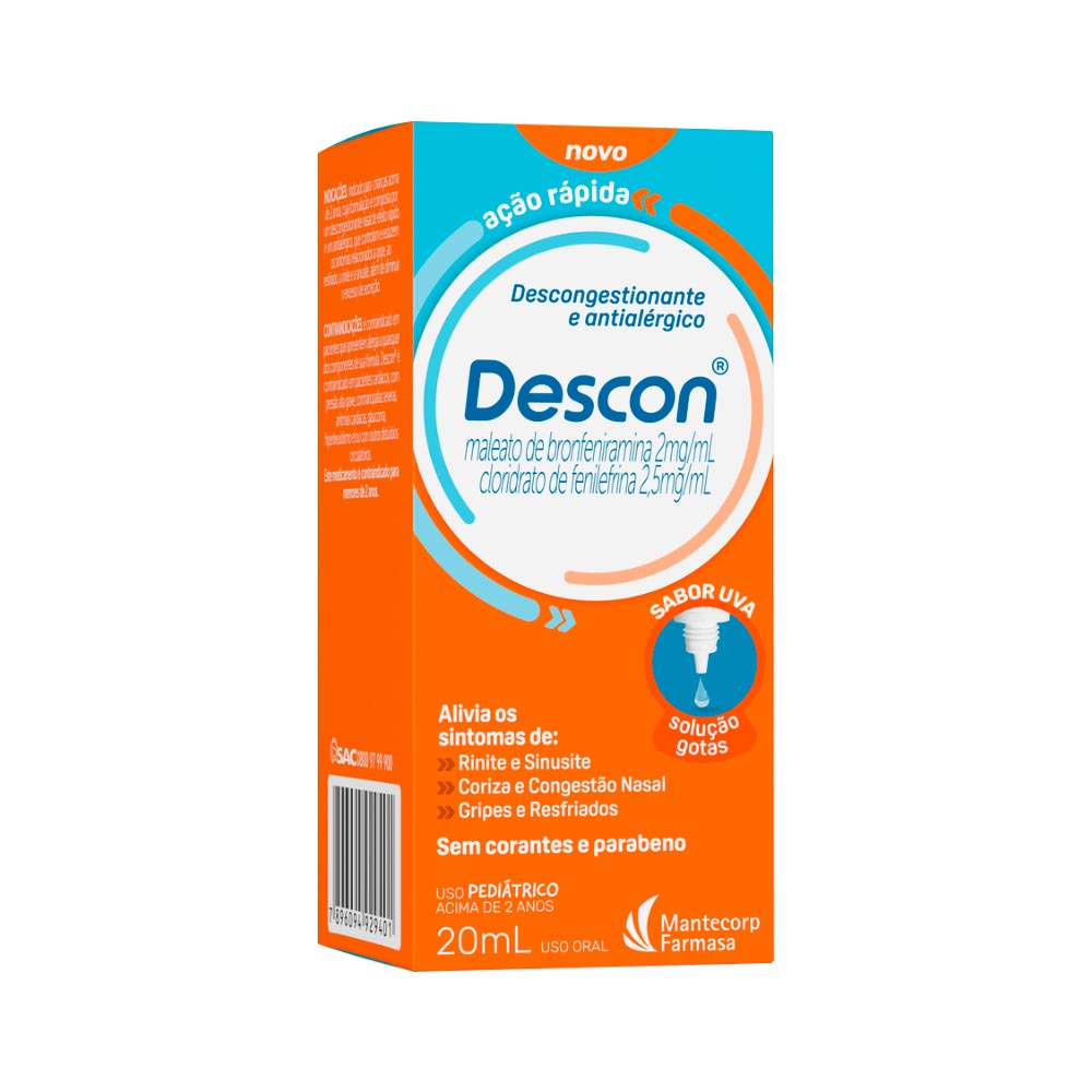 Descon Maleato De Bronfeniramina 2mg/ml + Cloridrato De Fenilefrina  2,5mg/ml Pediátrico Com 20ml Solução Gotas