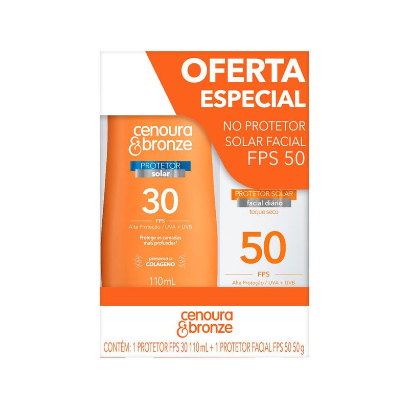 Protetor Solar Fps30 110ml + Protetor Solar Facial Fps50 50g Cenoura E Bronze Especial