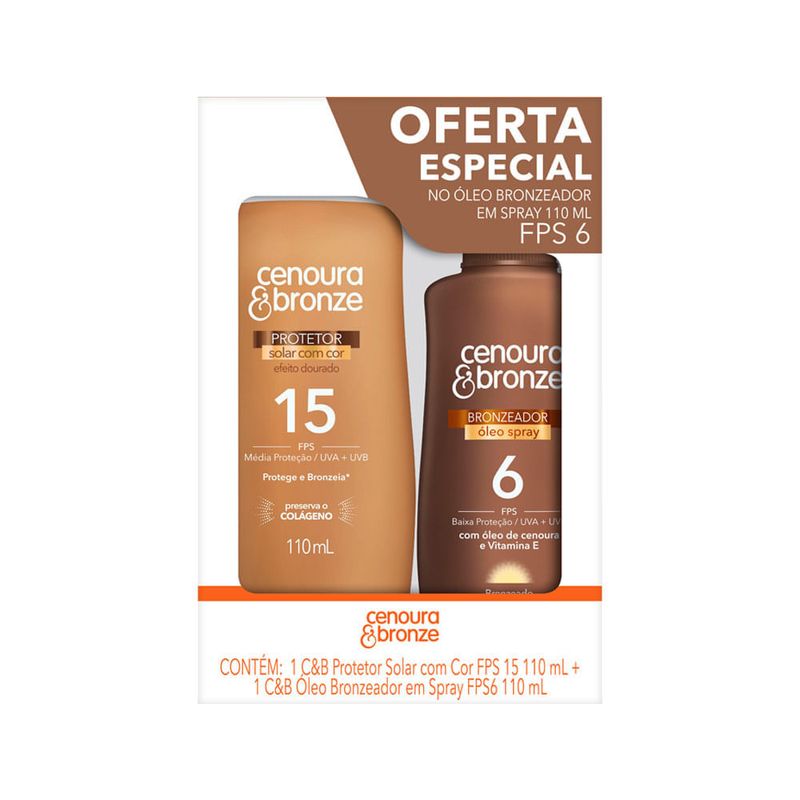 Protetor Solar Com Cor Fps15 110ml + Oleo Bronzeador Em Spray Fps6 110ml Cenoura E Bronze Especial
