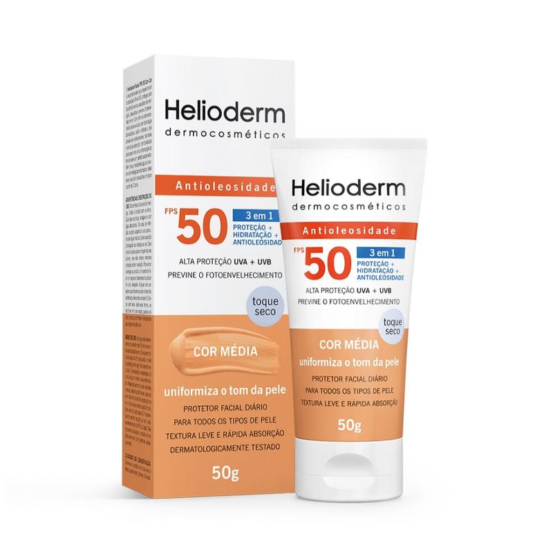 Protetor Solar Helioderm 3 Em 1 Antioleosidade Com Cor Média Fps50 50g Protetor Solar Helioderm 3 Em 1 Antioleosidade Com Cor Media Fps50 50g