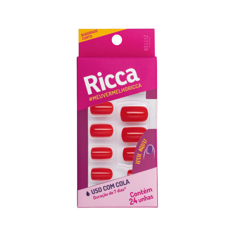 Unhas Ricca Com 24 Vermelho Quadrado Curto