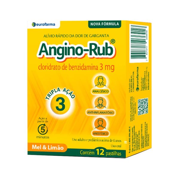 Angino Rub Cloridrato De Benzidamina 3mg Com 12 Pastilhas Mel E Limao Eurofarma