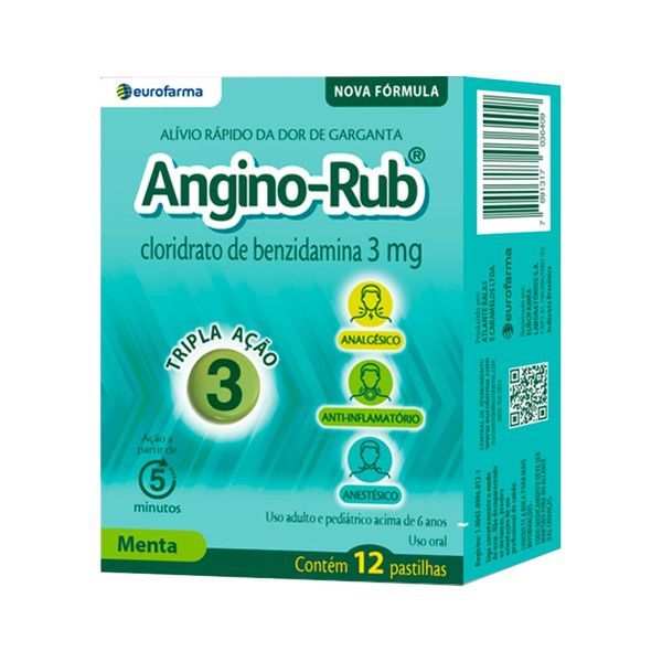 Angino Rub Cloridrato De Benzidamina 3mg Com 12 Pastilhas Menta Eurofarma