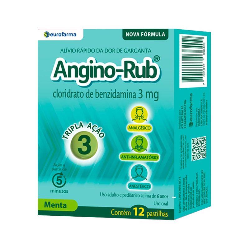 Angino Rub Cloridrato De Benzidamina 3mg Com 12 Pastilhas Menta Eurofarma